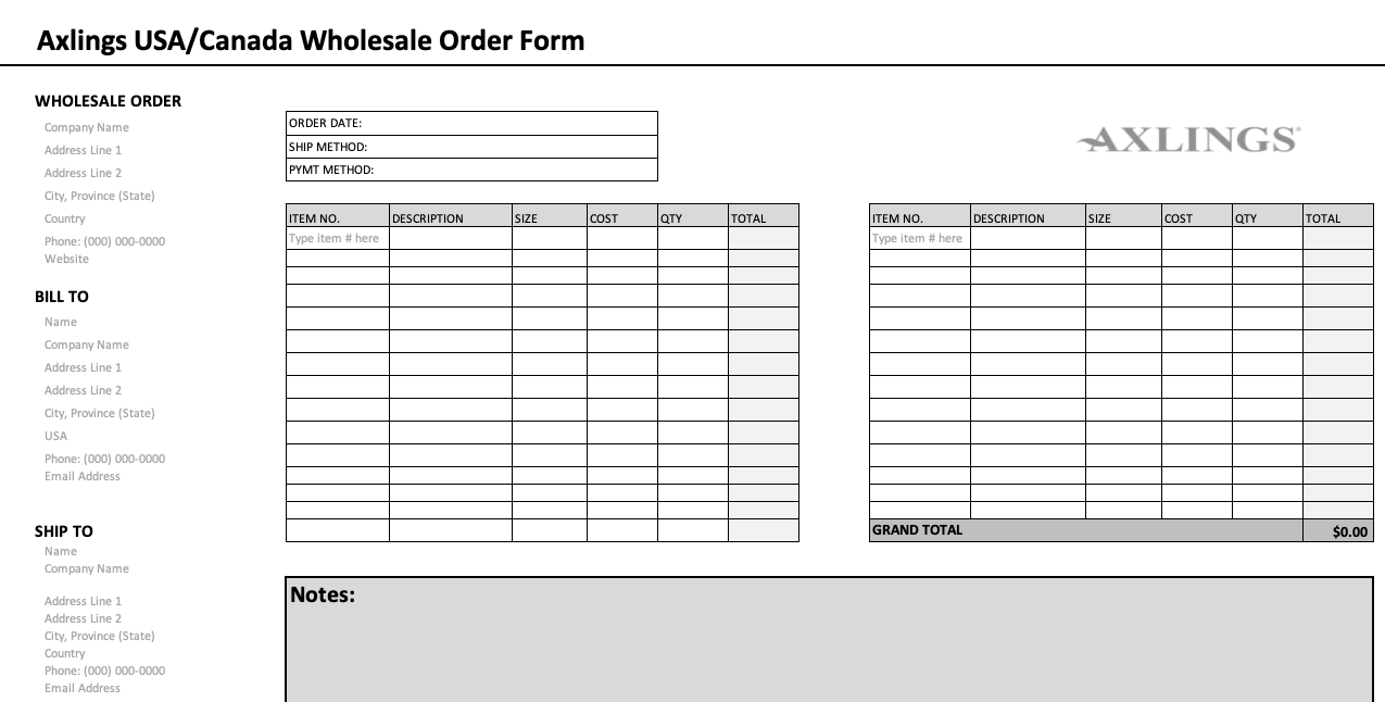 Axlings Wholesale Order Form